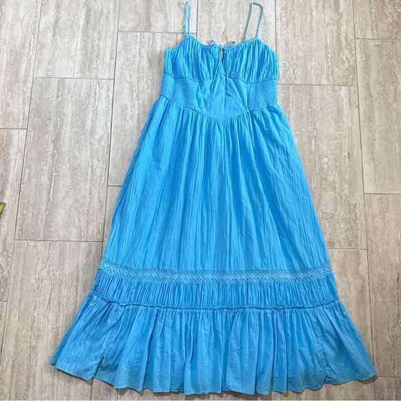 American Eagle Corset Tiered Midi Dress Blue Renaissance Milkmaid Peasant Sz XL - Picture 1 of 8